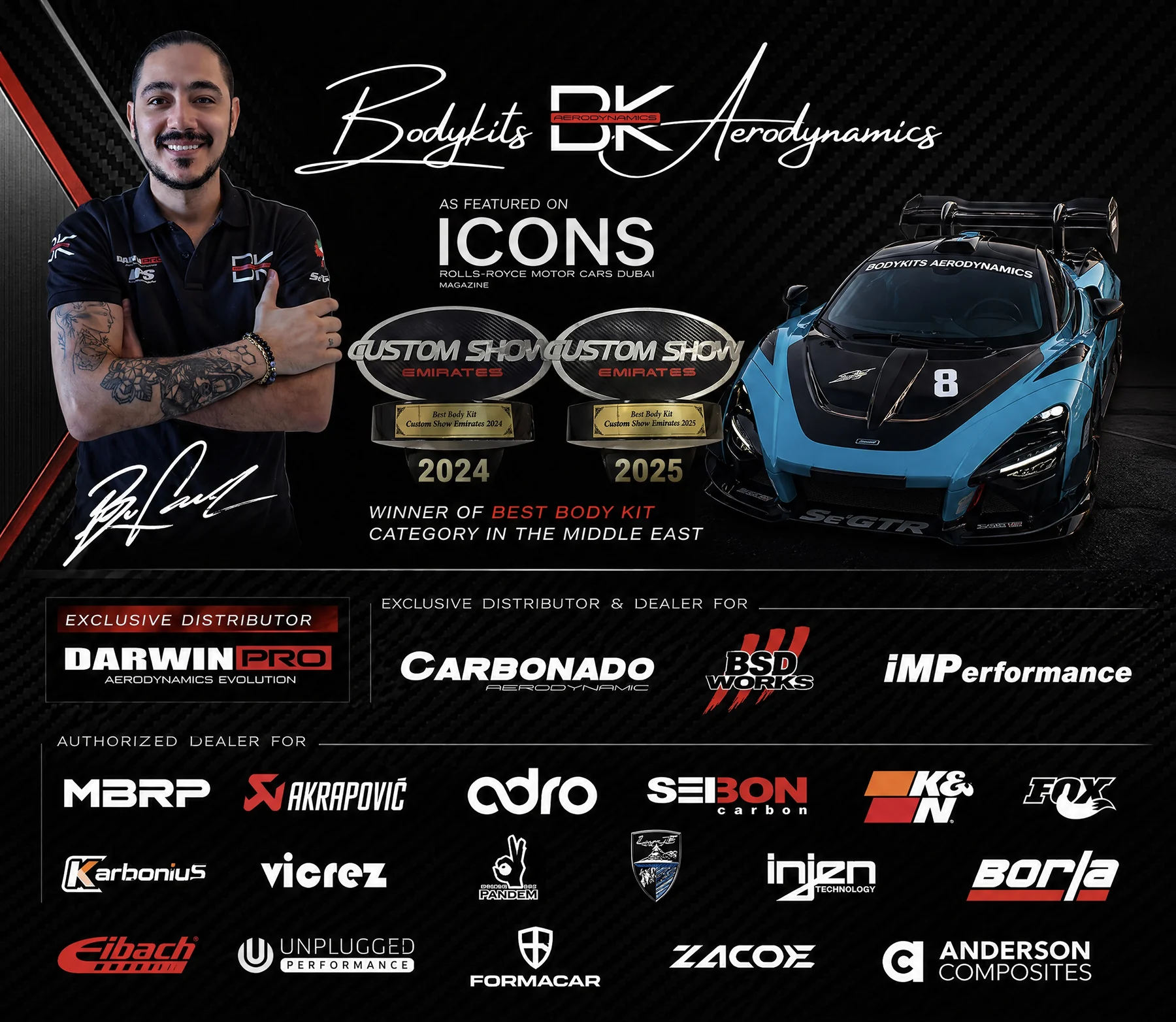 Bodykits Aerodynamics. As featured on ICONS Rolls-Royce Motor Cars Dubai magazine, winner of Best Body Kit at Custom Show Emirates 2024 and 2025, with exclusive distributor and authorized dealer partnerships across the global aftermarket.
